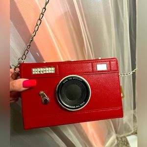 Bright red bling camera purse handbag crossbody chain clutch NWT
